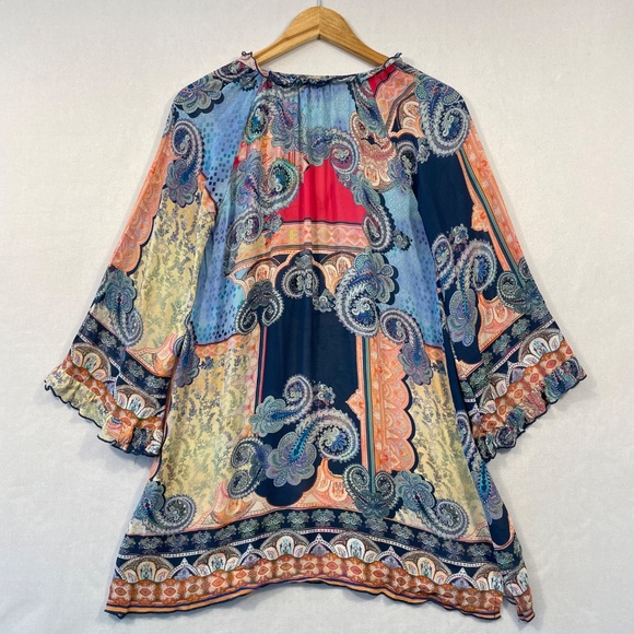 JOHNNY WAS JADE Women’s Size Small Blue Ombre Beaded Tassel Tie Print Tunic FLAW - Picture 5 of 8